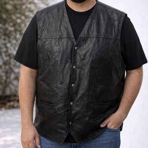 Men’s Black Genuine Leather Vest 3X Snap Front Biker Motorcycle Classic